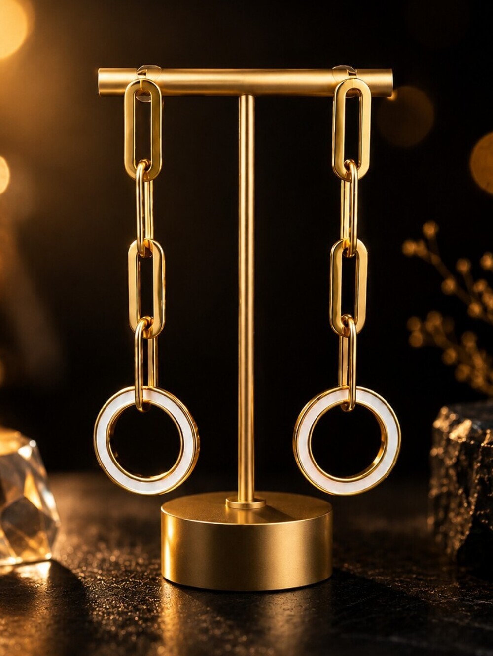 18K Gold Plated Paperclip Chain Drop Earrings White Shell Minimalist Dangle 2.5"